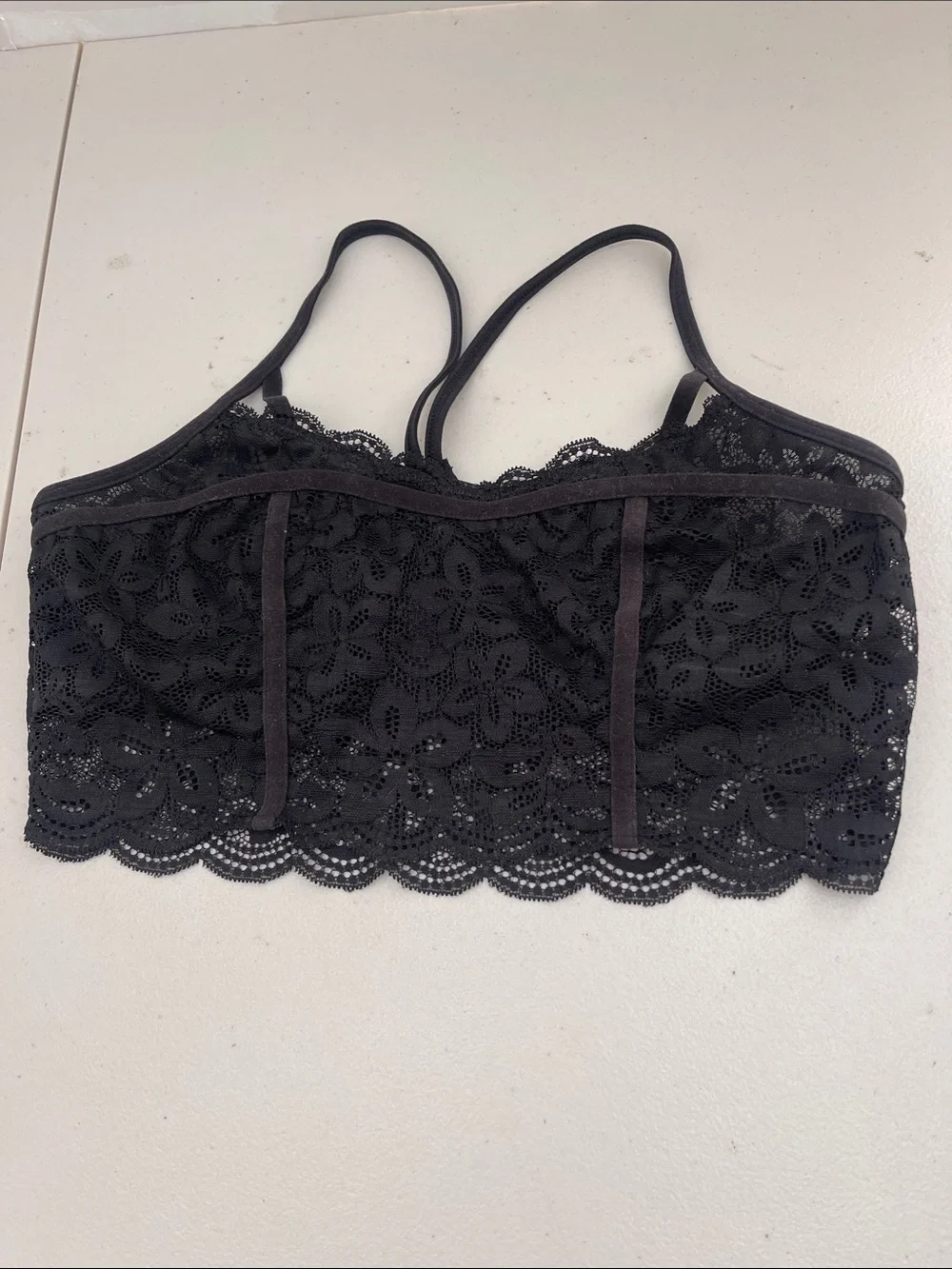 aerie Black Floral Lace Bralette with Scalloped Hem